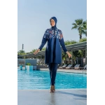 Kadın Crop Üst Rahat Kesim Lycra(Su İten Kumaş)Lacivert Desenli Tesüttür Mayo Takımı