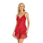 Primoda Tül Detaylı Kırmızı Kısa Saten Gecelik - 8232