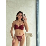 Arona Kadın Dolgusuz Balenli Brode Desenli Tanga Sütyen Takımı Bordo