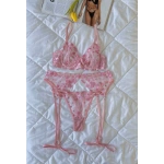 Arona Kadın Brode Kalp Desenli Şık Pembe Jartiyer Takımı - 281