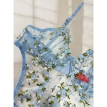 Arona Kadın Çiçek Desenli Transparan Vücuda Oturan Mavi Bodysuit - 123