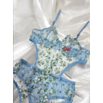 Arona Kadın Çiçek Desenli Transparan Vücuda Oturan Mavi Bodysuit - 123
