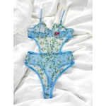 Arona Kadın Çiçek Desenli Transparan Vücuda Oturan Mavi Bodysuit - 123