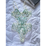 ARONA Transparan Çiçekli Desenli Bodysuit - Su Yeşili