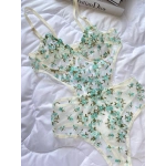 ARONA Transparan Çiçekli Desenli Bodysuit - Su Yeşili