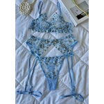 Arona Çiçek Nakışlı Brode Mavi Jartiyer Takımı