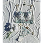 Arona Kadın Destekli Büstiyer Takımı Beyaz Üzeri Yeşil Çiçek Desenli