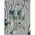 Arona Kadın Destekli Büstiyer Takımı Beyaz Üzeri Yeşil Çiçek Desenli