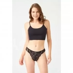 COTONHİLL Önü Dantelli Arkası Tül Transparan Taş Detaylı Kadın Brezilya Külot-SİYAH