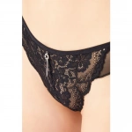 COTONHİLL Önü Dantelli Arkası Tül Transparan Taş Detaylı Kadın Brezilya Külot-SİYAH