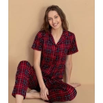 Pijamerry Milan Kumaş Gömlek Yaka Kırmızı Ekose Kadın Pijama Takımı - 5868