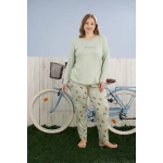 Pijamoni Kadın Büyük Beden Milan Kumaş Bisiklet Yaka Su Yeşili Pijama Takımı - 7666