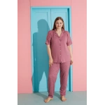 Pijamoni Büyük Beden Milan Kumaş Önü Düğmeli D. Gül Kurusu Kadın Pijama Takımı-7560