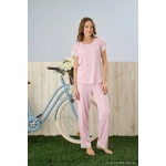 Pijamoni Dublin Kumaş Dantel Detaylı Kısa Kol Pembe Pijama Takımı - 5345