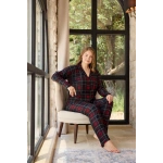 Pijamoni Büyük Beden Süet Kumaş Önü Düğmeli Kırmızı Pijama Takımı -5655