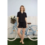 Pijamoni Kadın Dublin Kumaş Rodoplu Gömlek Yaka Siyah Renk Şort Takımı - 5400