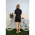 Pijamoni Kadın Dublin Kumaş Rodoplu Gömlek Yaka Siyah Renk Şort Takımı - 5400