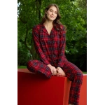 Pijamoni Kadın Ekose Desenli Önü Düğmeli Kırmızı Pijama Takımı - 5660