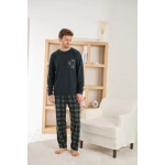 Pijamoni Erkek Uzun Kollu Kareli Cepli Kışlık Antrasit Pijama Takımı