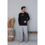 Pijamoni Erkek Bisiklet Yaka Milan Kumaş Siyah Pijama Takımı