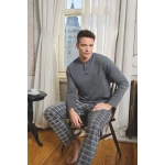 Pijamoni Erkek Pamuklu Ekose Gömlek Yaka Düğmeli Gri Pijama Takımı