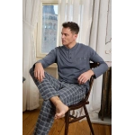 Pijamoni Erkek Pamuklu Ekose Gömlek Yaka Düğmeli Gri Pijama Takımı