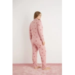 Pijamoni Kadın Büyük Beden Süet Kumaş Önü Düğmeli Şık Pijama Takımı - Gül Kurusu