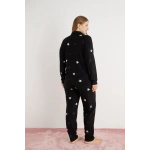 Pijamoni Kadın Büyük Beden Süet Kumaş Önü Düğmeli Şık Pijama Takımı - Siyah