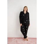Pijamoni Kadın Büyük Beden Süet Kumaş Önü Düğmeli Şık Pijama Takımı - Siyah