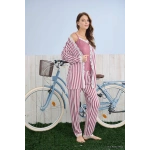 Pijamoni Kadın İpekli Kumaş Sabahlıklı 3’lü Şık Pijama Takımı - Gül Kurusu