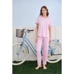 Pijamoni Milan Kumaş Çizgili Pembe Pijama Takımı - 7605