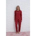 Pijamoni Kadın Milan Kumaş Bisiklet Yaka Yaprak Desenli Bordo Pijama Takımı - 7600