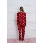 Pijamoni Kadın Milan Kumaş Bisiklet Yaka Yaprak Desenli Bordo Pijama Takımı - 7600