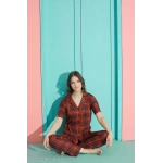 Pijamoni Kadın E. Kırmızı Milan Kumaş Önden Düğmeli Gömlek Yaka Pijama Takımı – 7515
