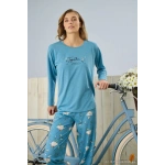 Pijamoni Polyviskon Uzun Kollu Mavi Pijama Takımı - 7300