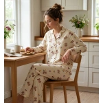 Pijamoni Kadın Premium Milan Kumaş Gömlek Yaka Uzun Kollu Pijama Takımı