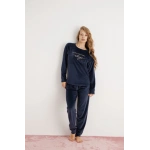 Pijamoni Kadın Yumuşak Kadife Lacivert Pijama Takımı