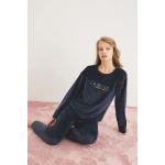 Pijamoni Kadın Yumuşak Kadife Bisiklet Yaka Siyah Pijama Takımı