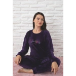 Pijamoni Kadın Yumuşak Kadife Bisiklet Yaka Mor Pijama Takımı