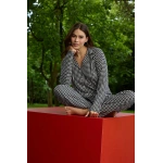 Pijamoni Kadın Kaz Ayağı Desenli Önü Düğmeli Pijama Takımı - 5660