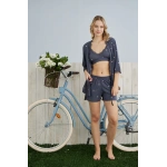 Pijamoni Kadın Milan Kumaş Sabahlıklı Dantel Detaylı Şortlu 3lü Antrasit Rengi Kadın Pijama Takımı - 7555