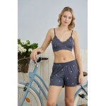 Pijamoni Kadın Milan Kumaş Sabahlıklı Dantel Detaylı Şortlu 3lü Antrasit Rengi Kadın Pijama Takımı - 7555