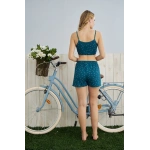 Pijamoni Kadın Milan Kumaş Sabahlıklı Dantel Detaylı Şortlu 3lü Petrol Yeşili Kadın Pijama Takımı - 7555