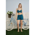 Pijamoni Kadın Milan Kumaş Sabahlıklı Dantel Detaylı Şortlu 3lü Petrol Yeşili Kadın Pijama Takımı - 7555