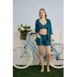 Pijamoni Kadın Milan Kumaş Sabahlıklı Dantel Detaylı Şortlu 3lü Petrol Yeşili Kadın Pijama Takımı - 7555