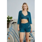 Pijamoni Kadın Milan Kumaş Sabahlıklı Dantel Detaylı Şortlu 3lü Petrol Yeşili Kadın Pijama Takımı - 7555