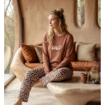 Pijamoni Kadın Pamuk Kumaş Esnek ve Rahat Uzun Kollu Alt Leopar Pijama Takımı