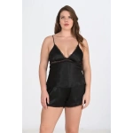 Primoda Siyah Büyük Beden Dantel Detaylı Şort Takımı