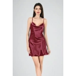 Ahu Kadın İp Askılı Degaje Yaka Kısa Gecelik – Bordo