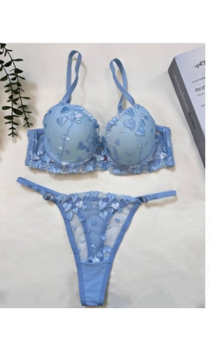 Arona Kadın Destekli Brode İşlemeli Mavi Zarif Sütyen Takımı